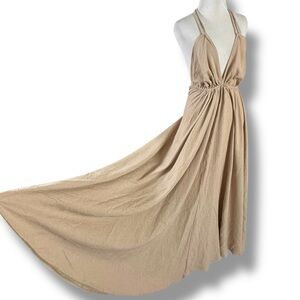 Yamuna Designs Handmade Organic Bohemian Halter Maxi Dress Neutral Tan Beach